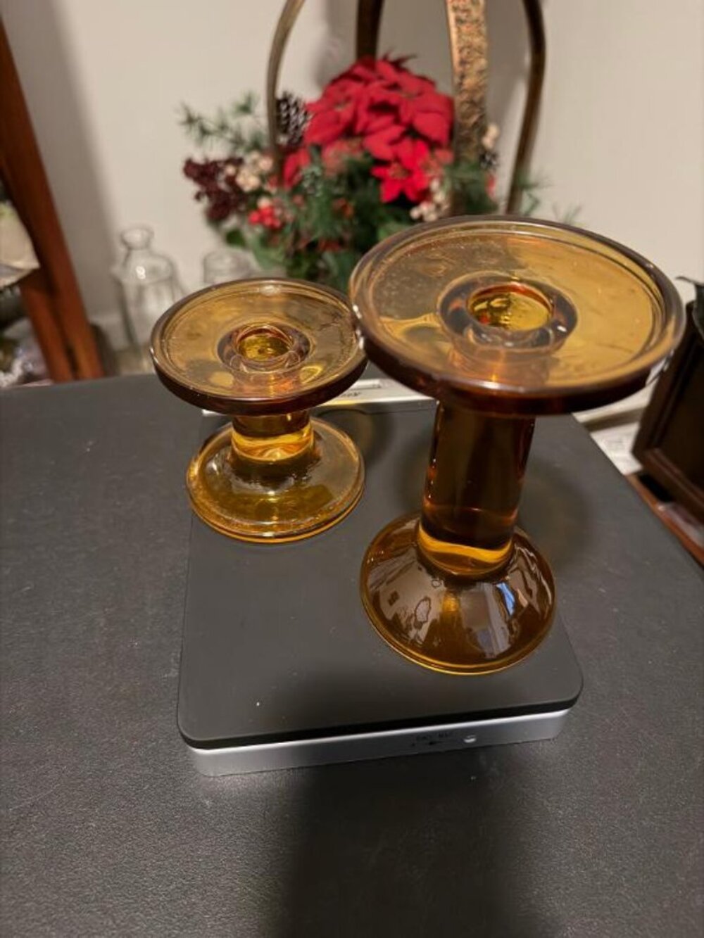 2 Vintage Indiana Glass Amber Glass Candle Stick Holders 6" & 3.5" Tall